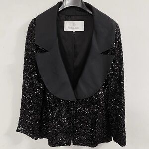 Georges Chakra Couture Black Sequin Silk Shawl Wide Lapel Tuxedo Blazer